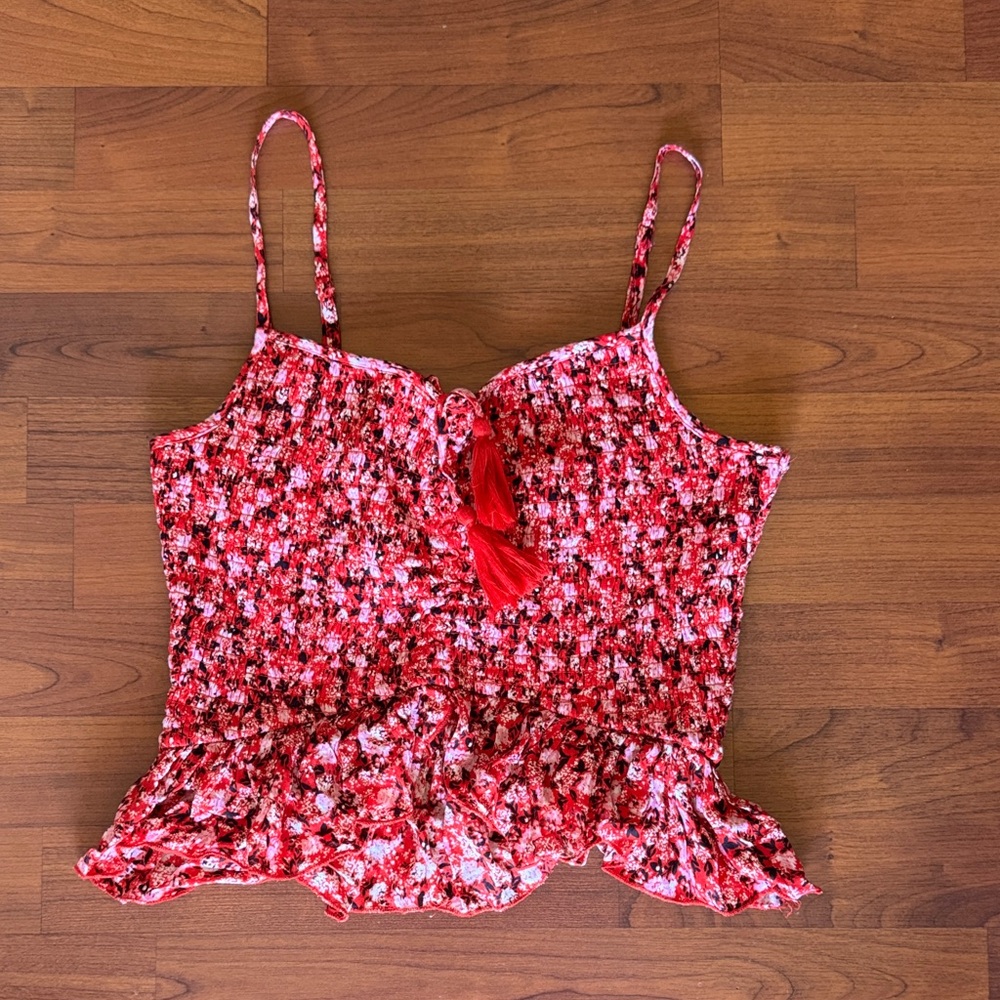 Red Floral Smocked Spaghetti Strap Top